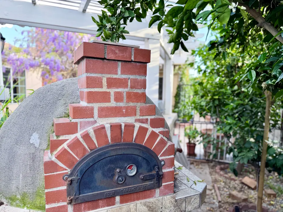 Brick pizza oven next to a citrus tree