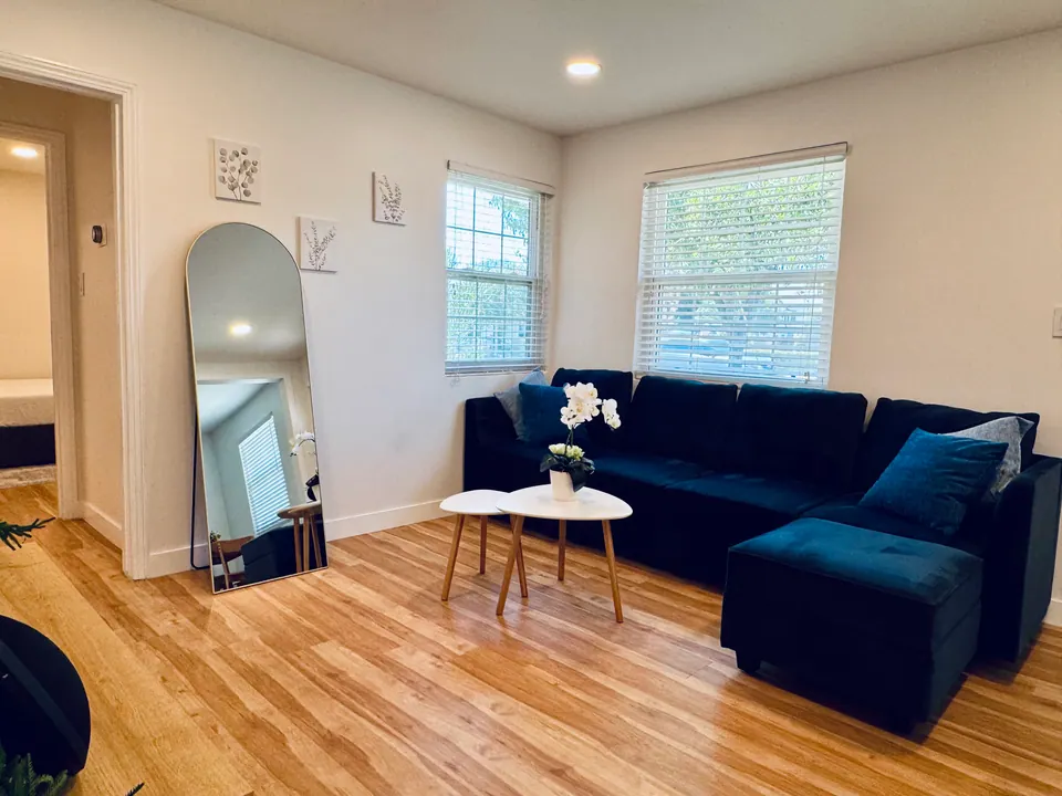 Living room with full-length mirror